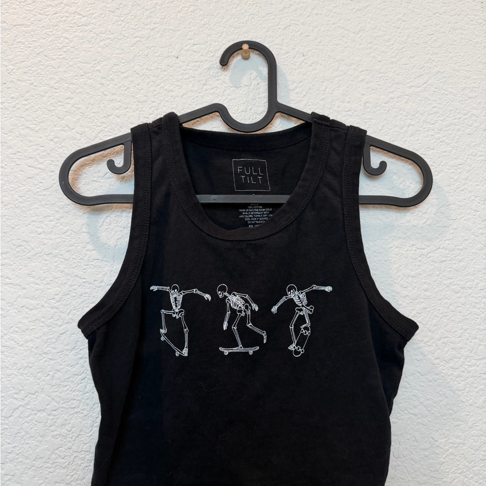 Full Tilt Black Cropped Tank Top with Skeleton Skateboard Graphic – Size Small